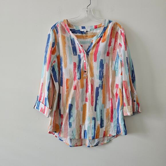 Coral Bay White 3/4 Sleeves Linen Blend Blouse Top Size L - Picture 1 of 5